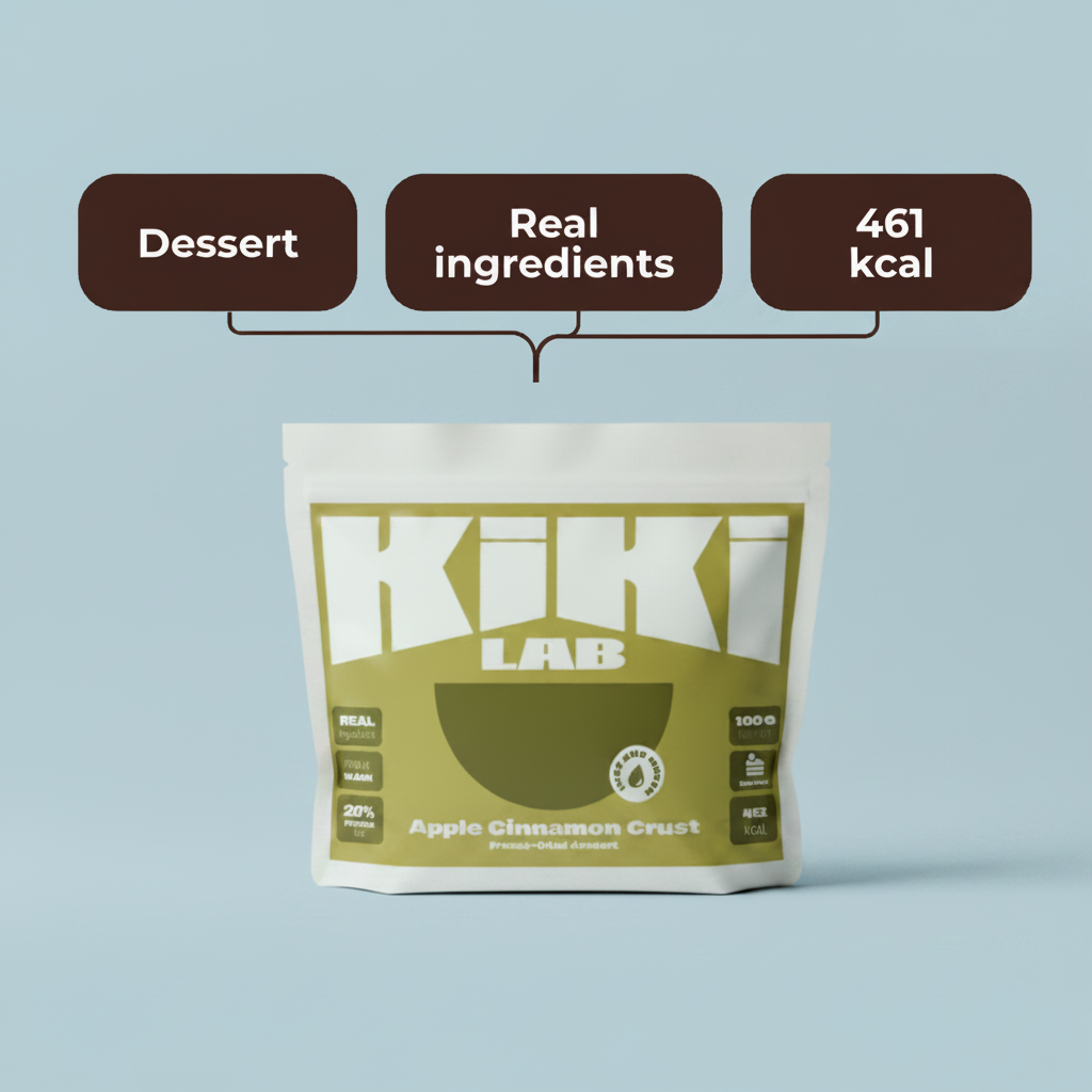 A stand-up pouch of Kiki Lab Apple Cinnamon Crust dessert, shown against a light gray background with three dark brown callout bubbles above reading 'Dessert', 'Real ingredients', and '461 kcal'.