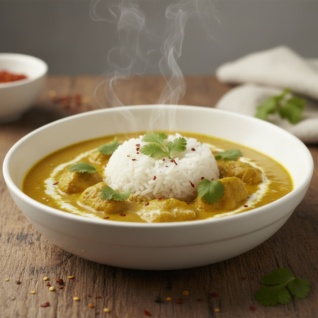 A white ceramic bowl filled with a yellow curry and topped with a mound of white rice, garnished with green cilantro leaves, set on a rustic wooden table with steam rising from the dish.